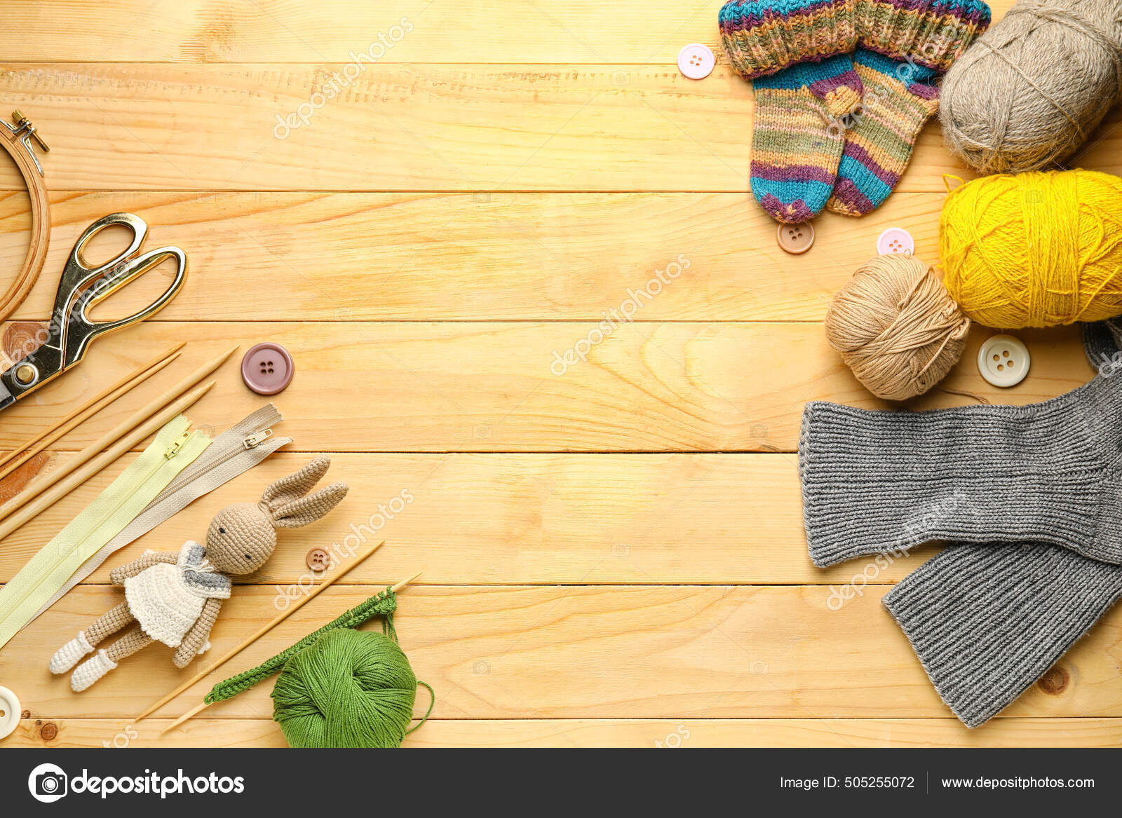 Frame Made Knitting Supplies Wooden Background Stock Photo by